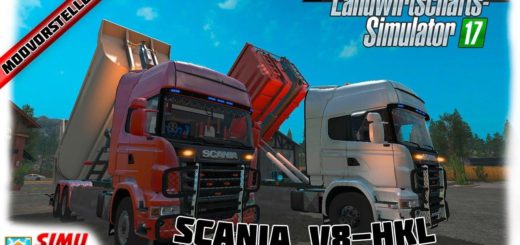 Мод грузовик Scania V8 HKL with rail Trailer v 1.0.2.0 Farming Simulator 17