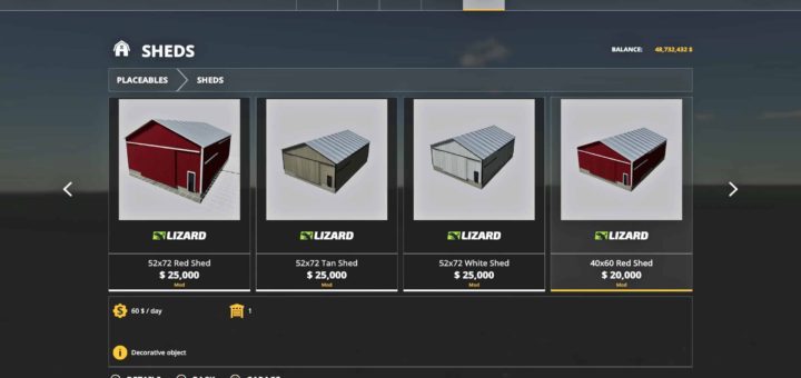 Мод ПАК навесы Placeable Sheds Pack v1.0 FS19