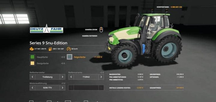 Мод трактор Deutz Series 9 Snu Edition v1.0 Farming Simulator 19