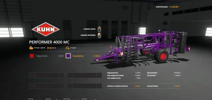 Мод культиватор Kuhn Performer 4000 – MultiColor v1.0 FS19