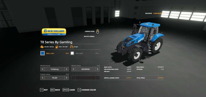Мод трактор New Holland T8 Series v1.0.0.0 Farming Simulator 19