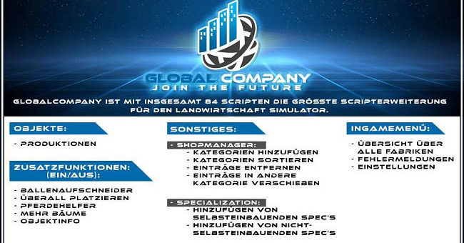 Мод скрипт Global Company v1.0.0.0 Farming Simulator 19